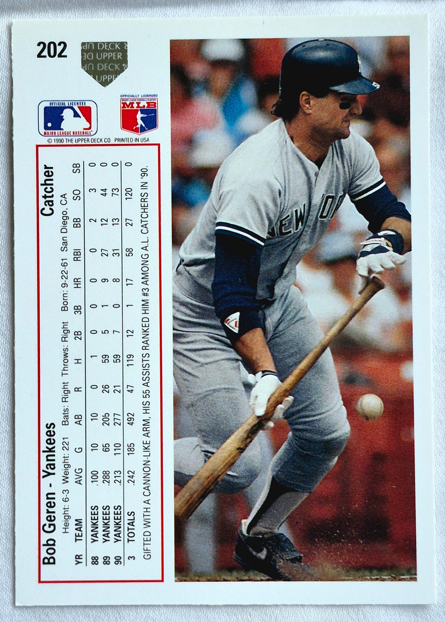 Geren Bob New York Yankees Catcher #202 Upper Deck 1991 Baseball Card