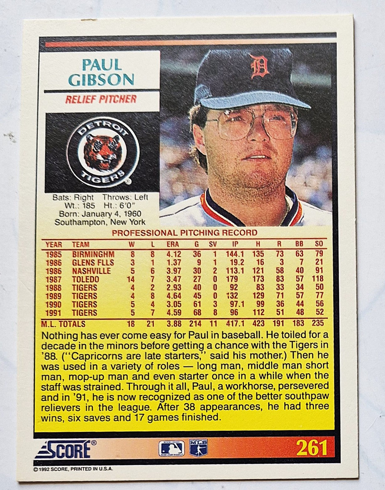 Gibson Paul Detroit Tigers Relief Pitcher #261 Score 1992 Baseball Card