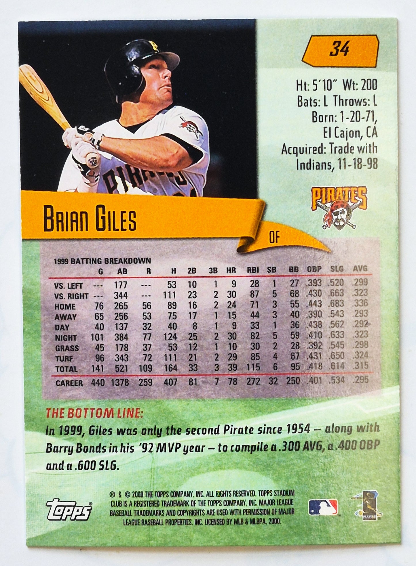2000 Stadium Club Brian Giles Pittsburgh Pirates #34 Baseballkarte TOPPS Neuwertig