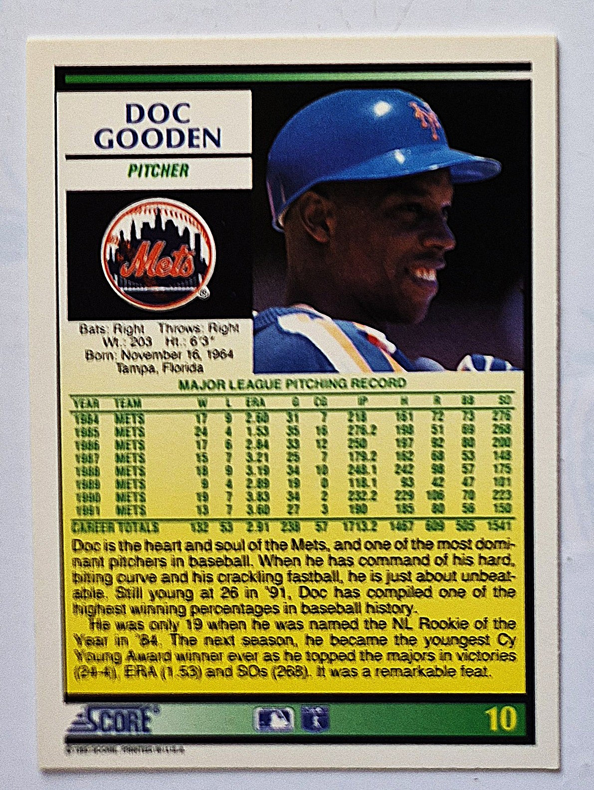 Gooden Doc New York Mets Pitcher #10 Score 1992 Baseball Card