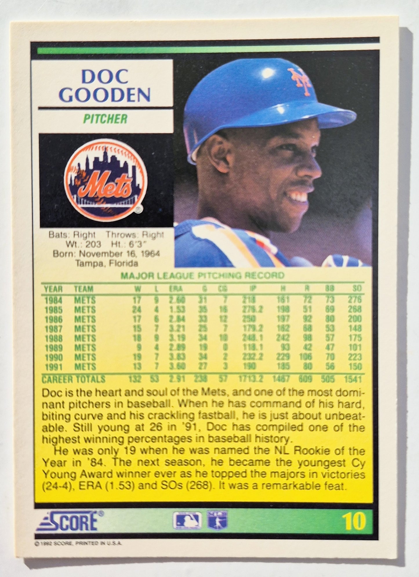 Bewertung '92 Doc Gooden New York Mets Pitcher Baseballkarte #10 Neuwertig