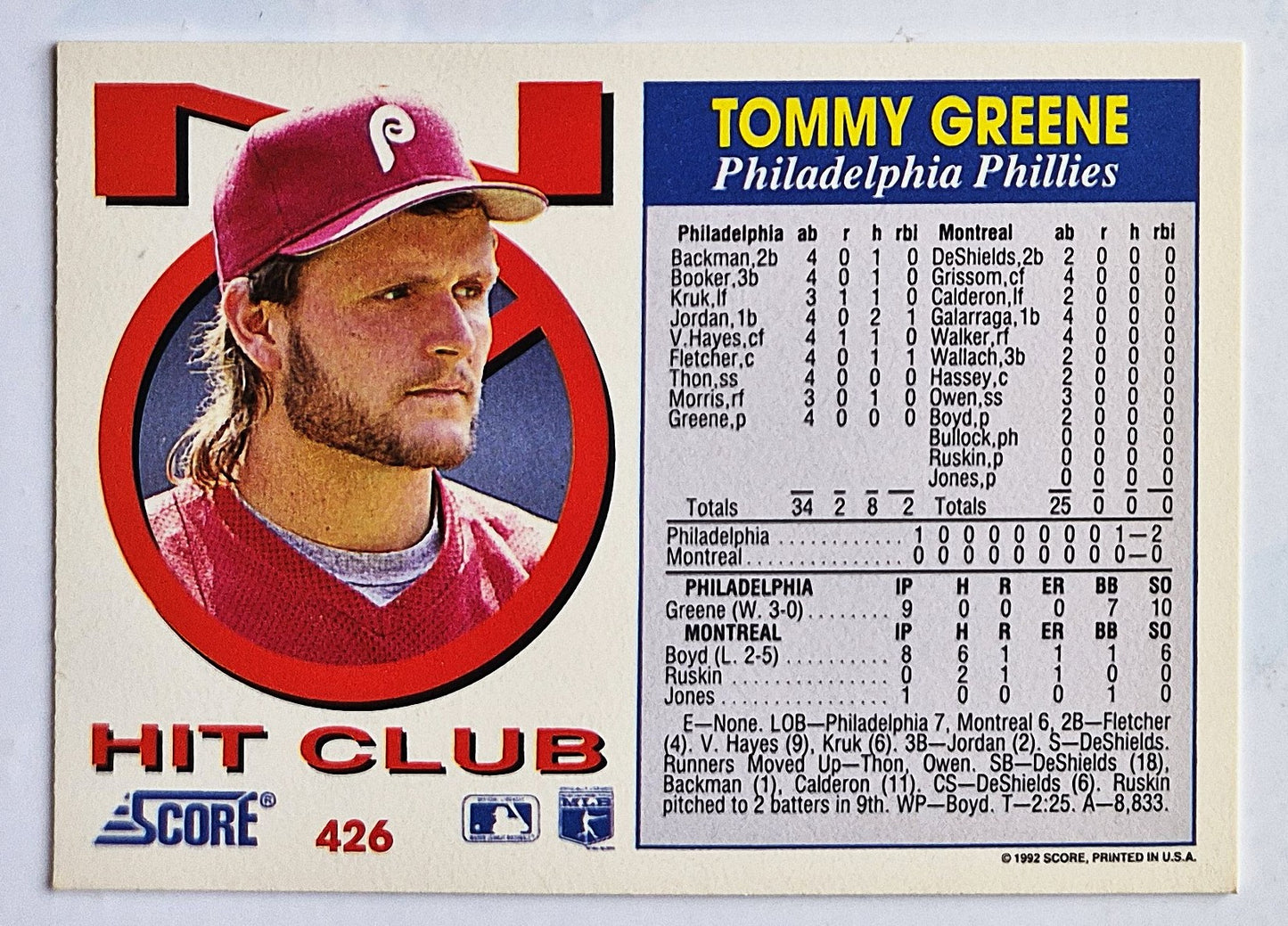 Greene Tommy Phillies Pitcher No Hit Club #426 Score 1992 Baseball Card