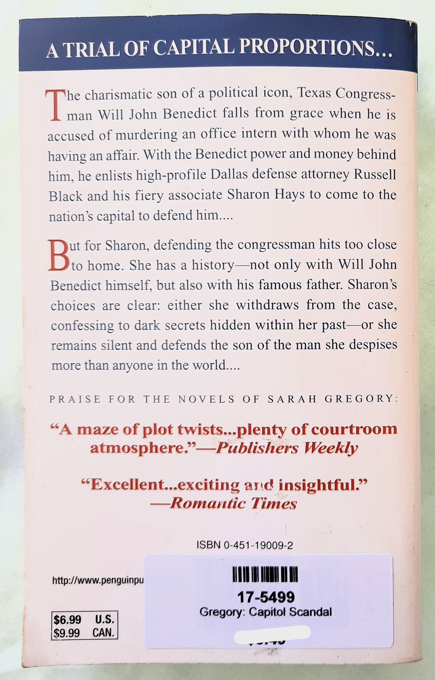 Capitol Scandal by Sarah Gregory (Good, 1999, Pbk, 380 pages, Penguin Putnam)