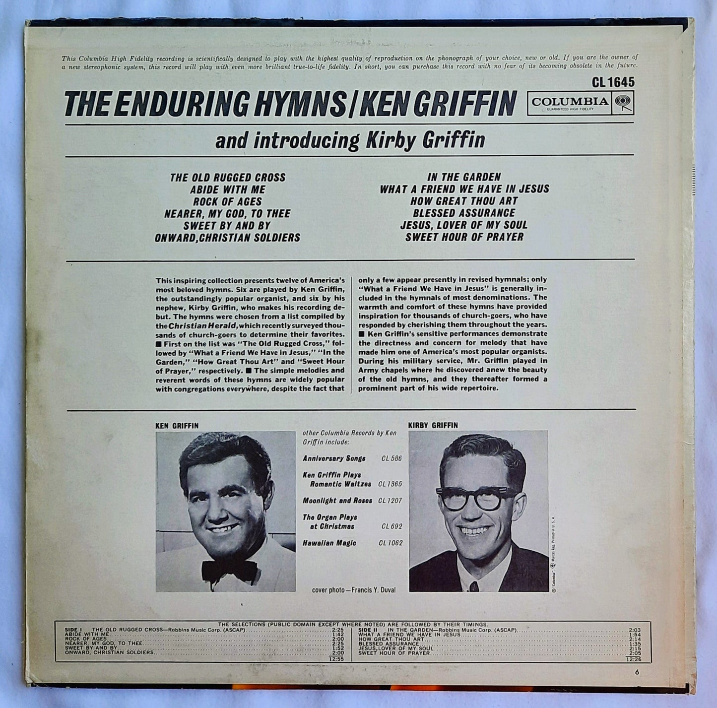 The Enduring Hymns by Ken Griffin and Kirby Griffin Schallplatte (Sehr gut, 1961, Columbia Records, CL 1645)