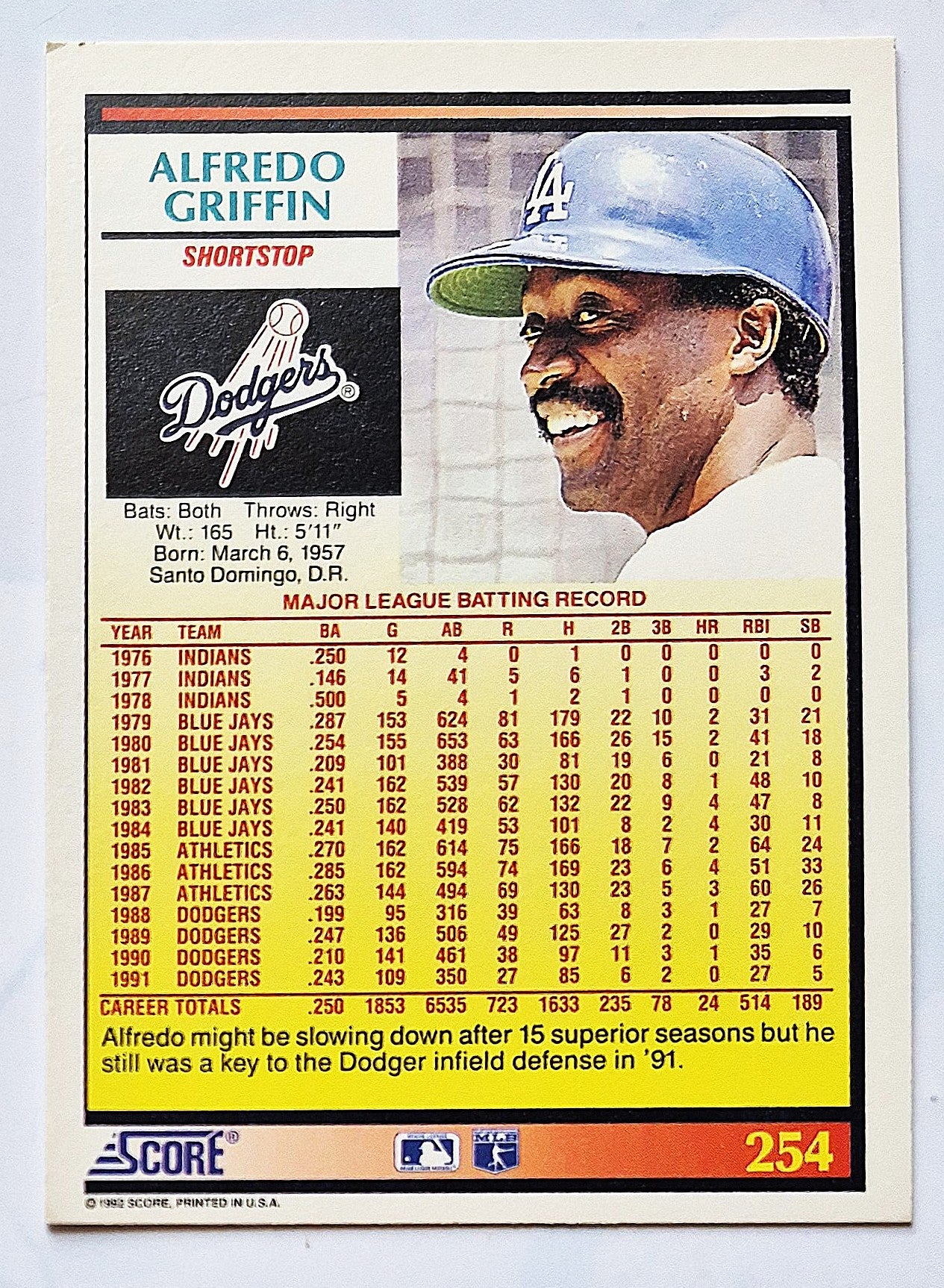 Griffin Alfredo Los Angeles Dodgers Shortstop #254 Score 1992 Baseball Card