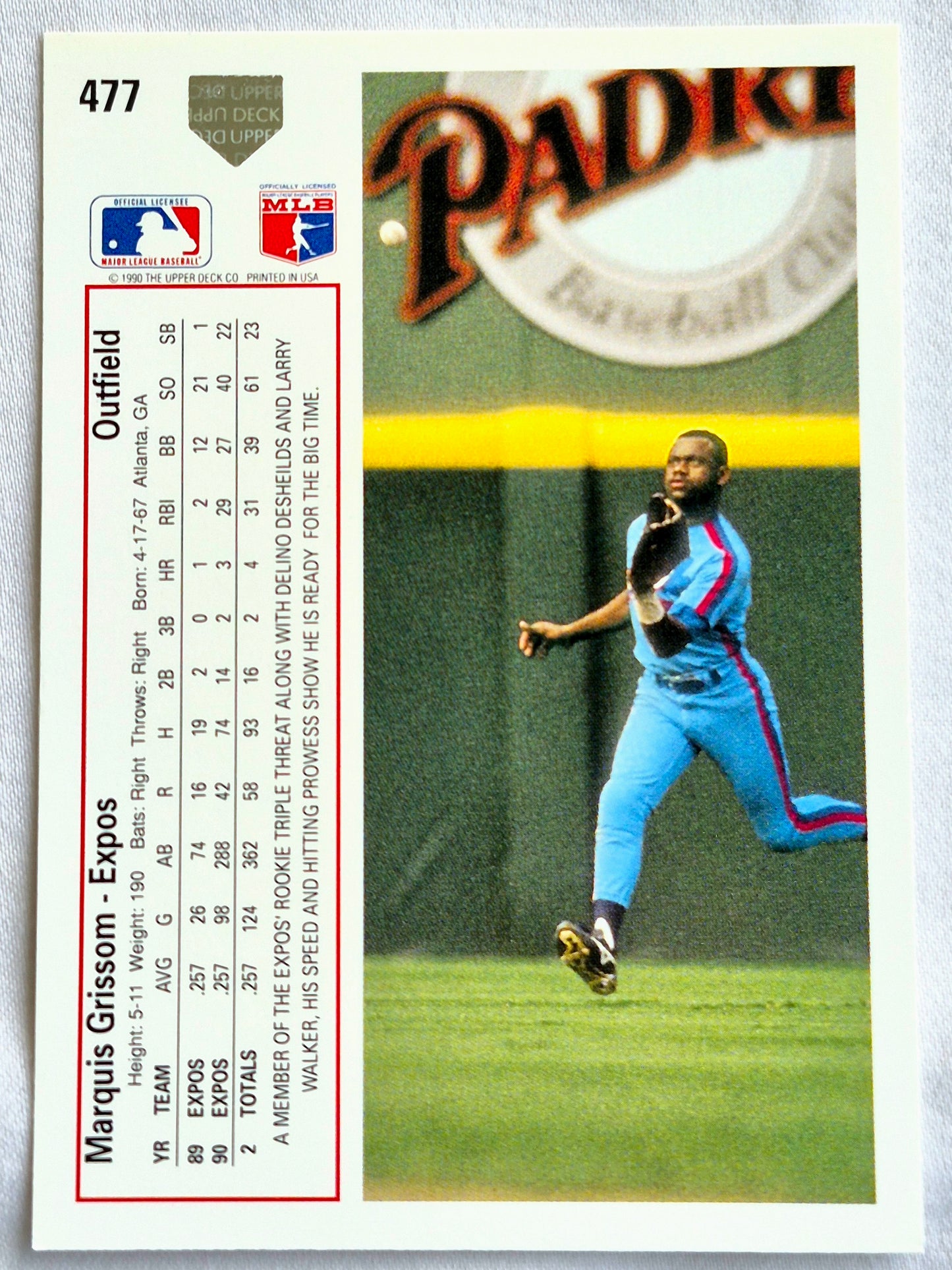 Grissom Marquis Montreal Expos Outfield #477 Upper Deck 1991 Baseball Card