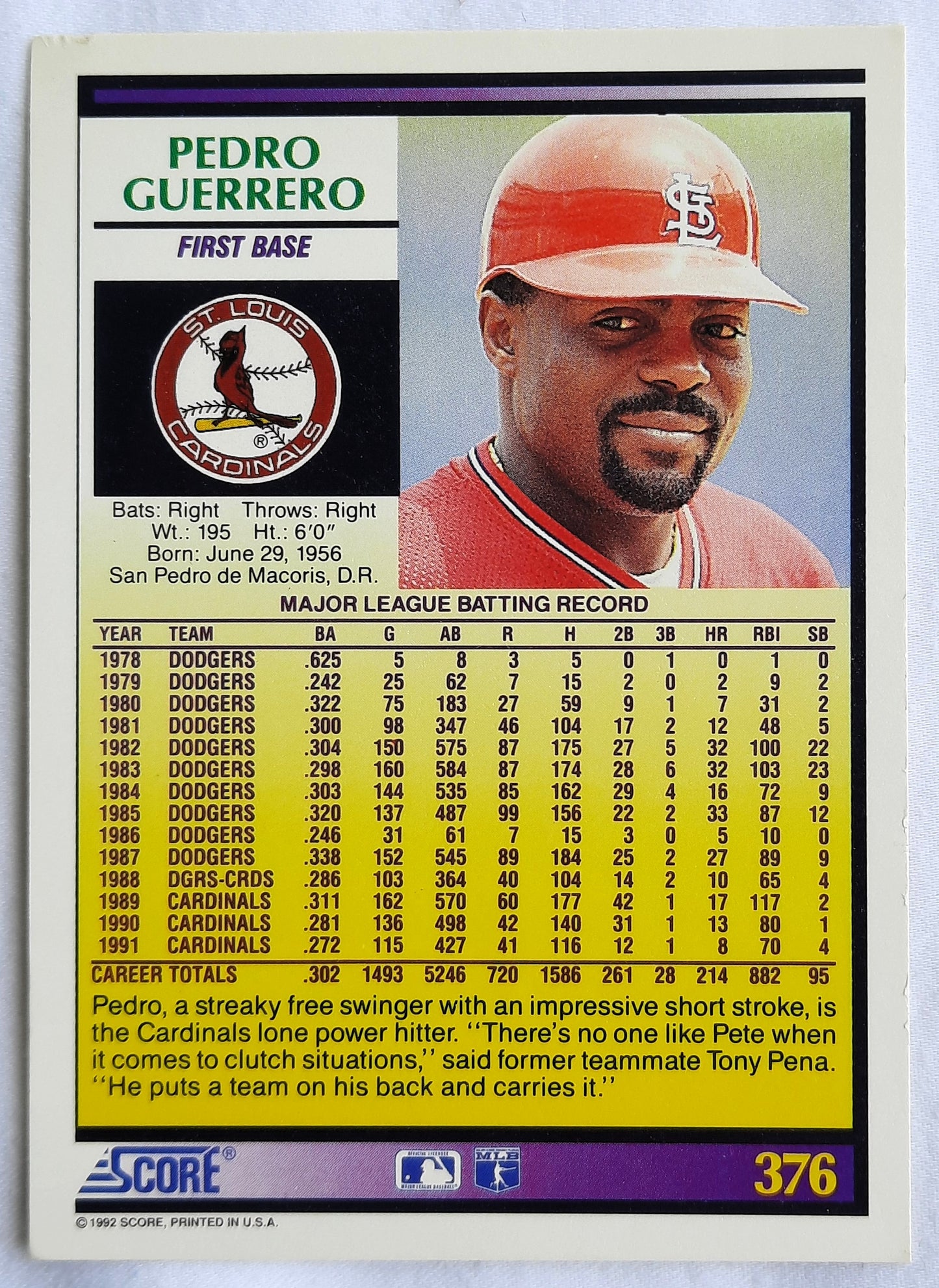 Score '92 Pedro Guerrero St. Louis Cardinals First Base #376 Baseball Card Near Mint