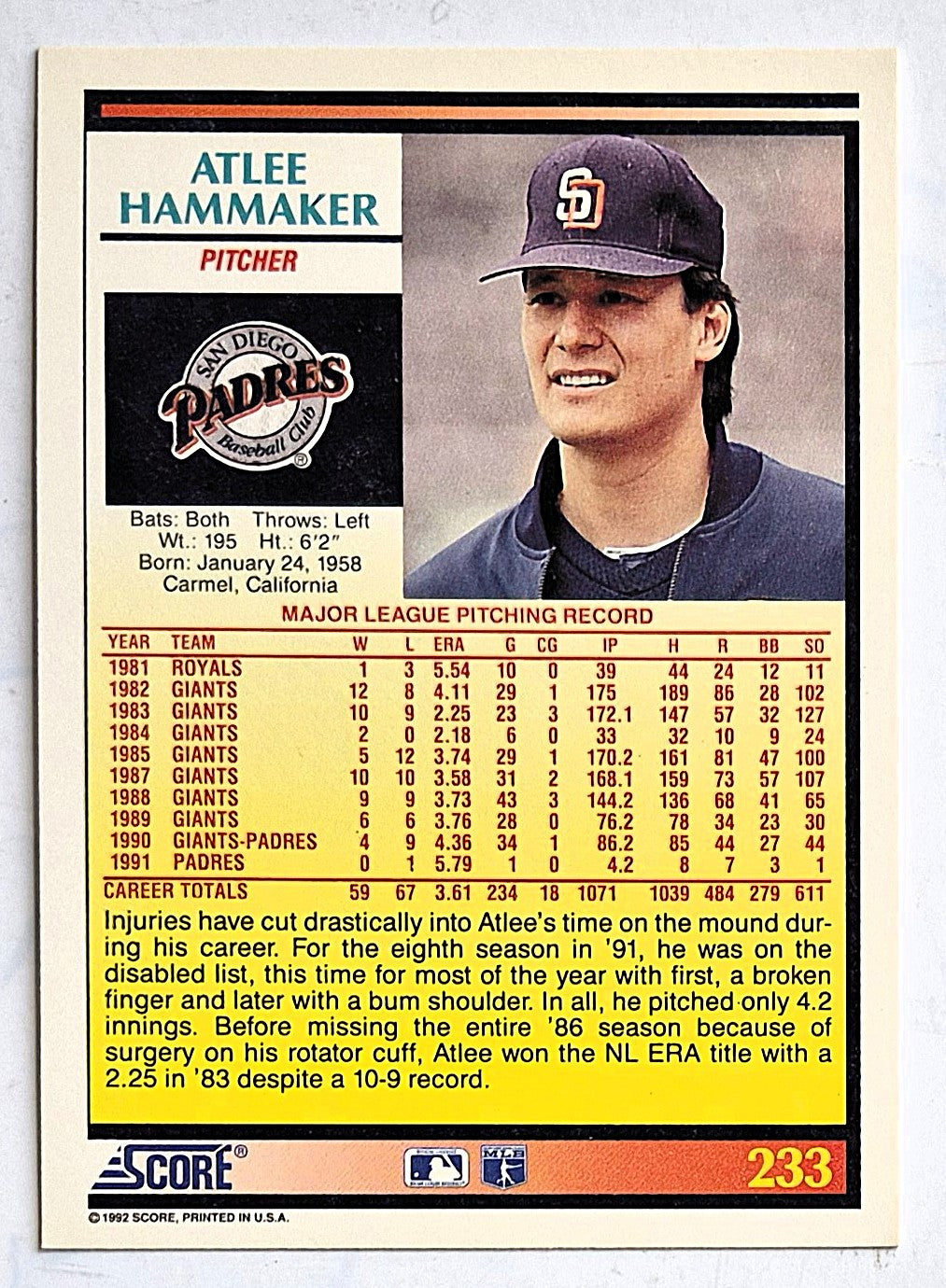 Hammaker Atlee San Diego Padres Pitcher #233 Score '92 Baseball Card