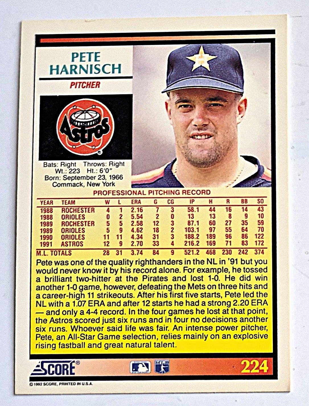 Harnisch Pete Houston Astros Pitcher #224 Score '92 Baseball Card