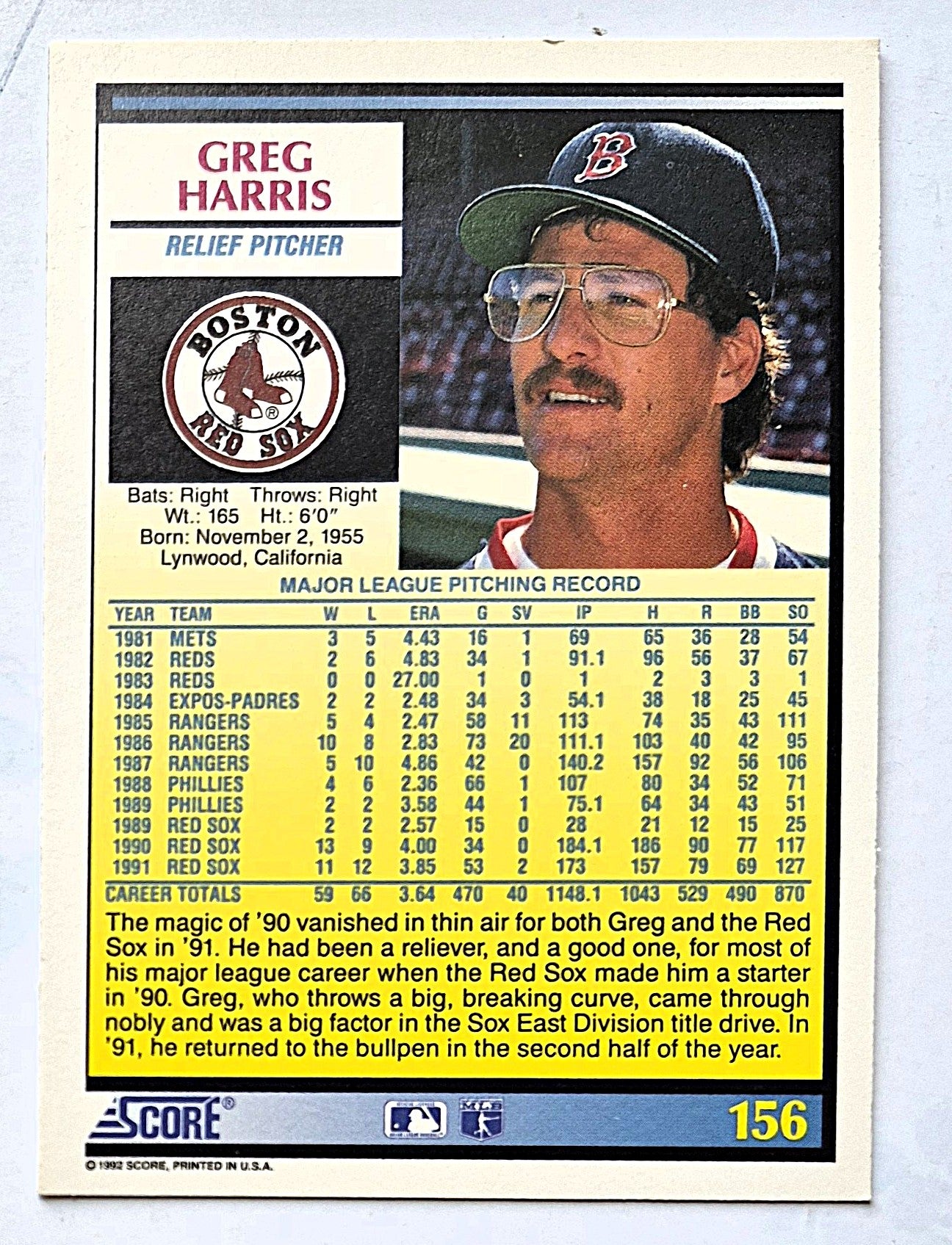 Harris Greg Boston Red Sox Relief Pitcher #156 Score 1992 Baseball Card