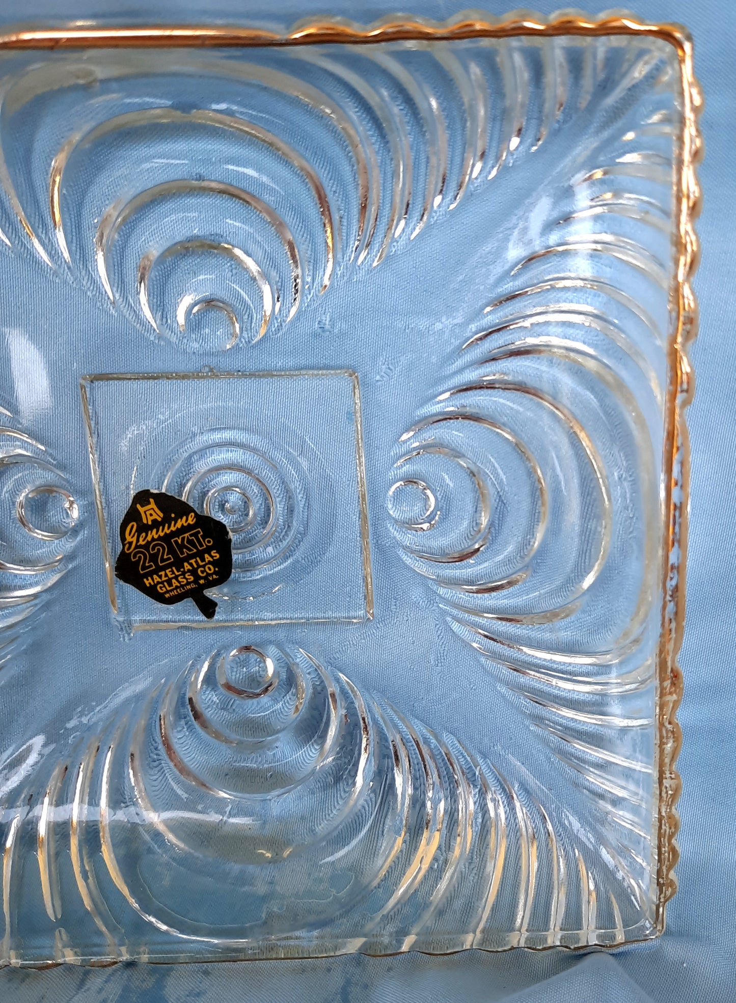 Hazel-Atlas Glass Company 6x6 Trinket/Candy Tray with 22 Kt Gold Trim 1930s - Near Mint Condition