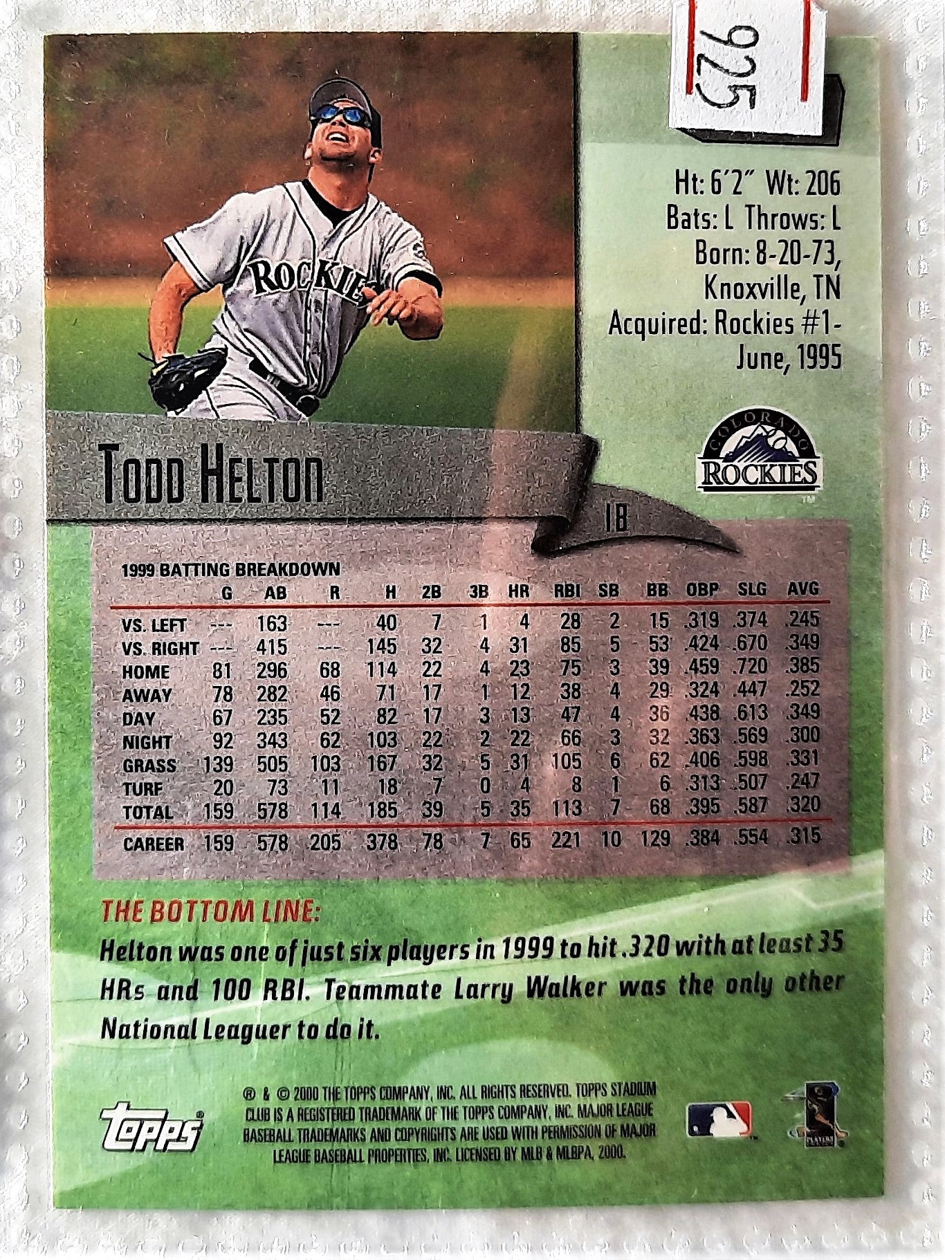 TOPPS 2000 Stadium Club Todd Helton Colorado Rockies #193 Baseball Card