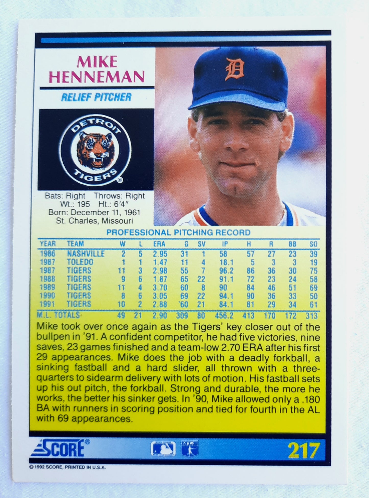 Score '92 Mike Henneman Detroit Tigers Relief Pitcher #217 Baseball Card Near Mint