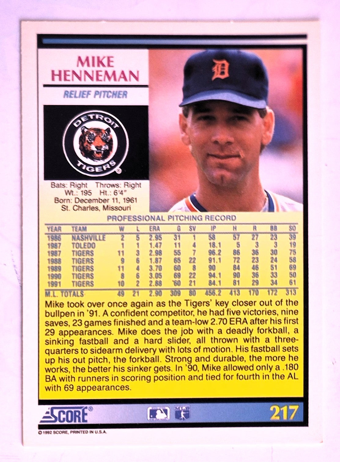 Henneman Mike Detroit Tigers Relief Pitcher #217 Score '92 Baseball Card