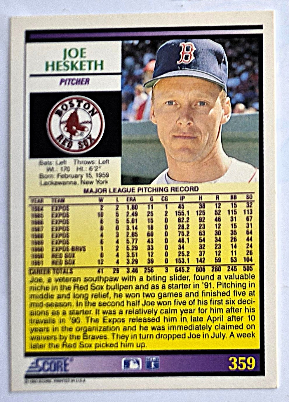 Hesketh Joe Boston Red Sox Pitcher #359 Score '92 Baseball Card