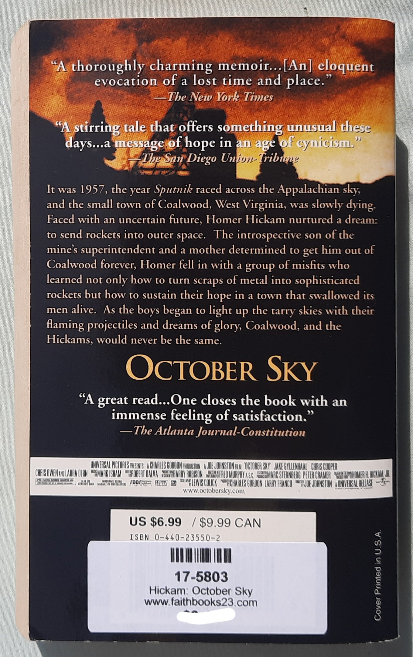 October Sky by Homer H. Hickam, Jr. (Very good, 1999, Pbk, 428 pages, Island Books)