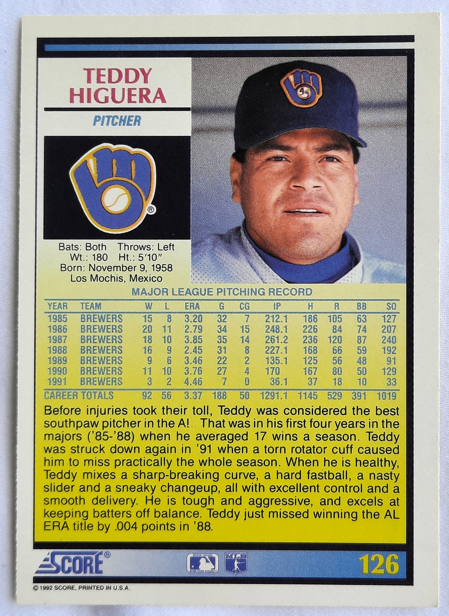 Score '92 Teddy Higuera Milwaukee Brewers Pitcher #126 Baseball Card Near Mint