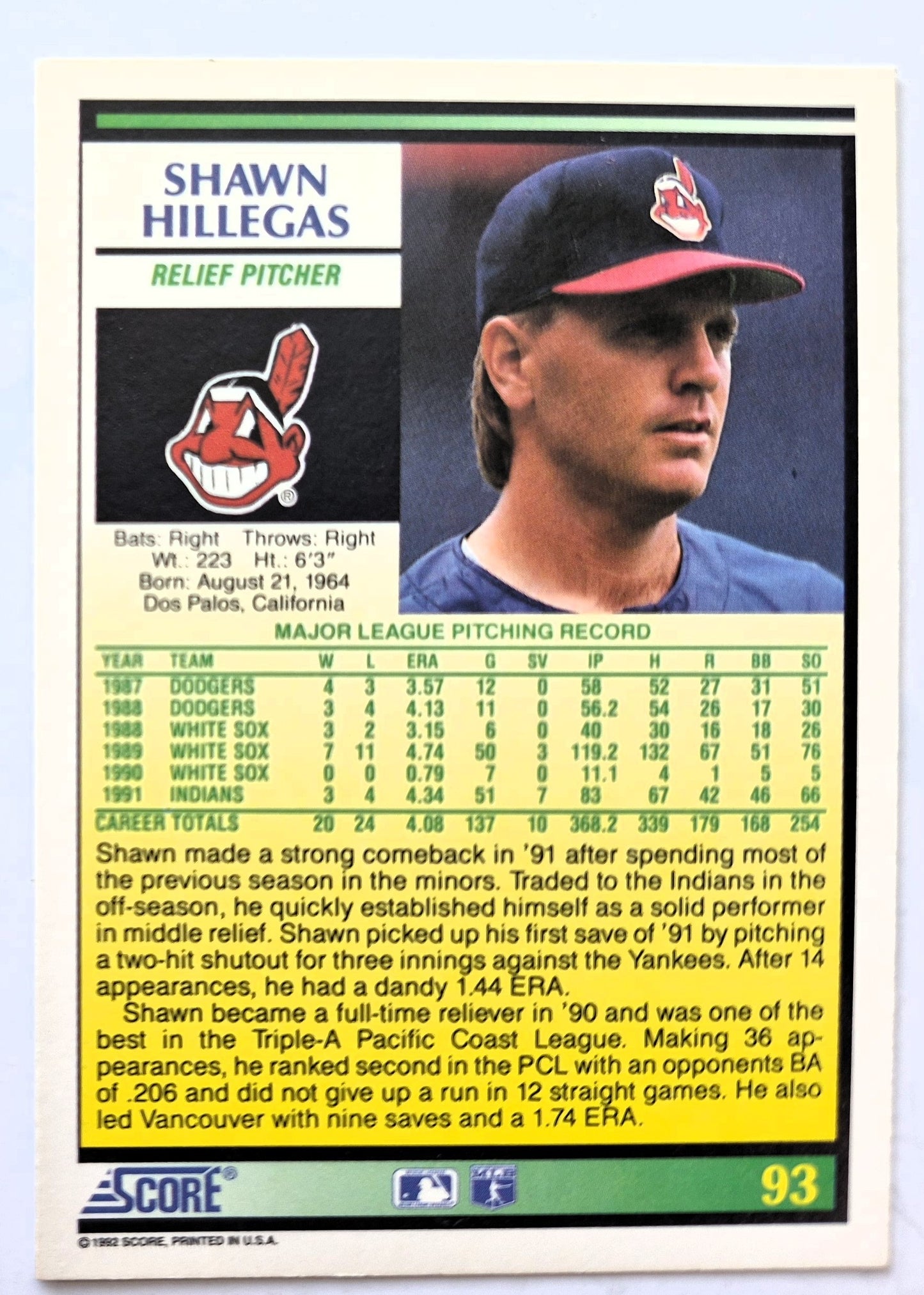 Hillegas Shawn Cleveland Indians Relief Pitcher #93 Score '92 Baseball Card