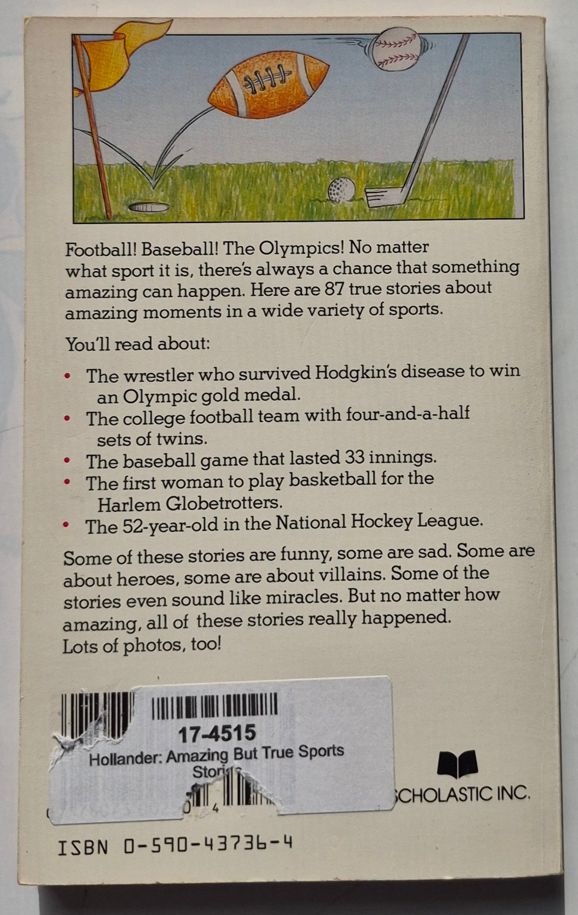 Amazing But True Sports Stories by Phyllis and Zander Hollander (Very Good, 1986, Pbk, 140 pages, Scholastic)