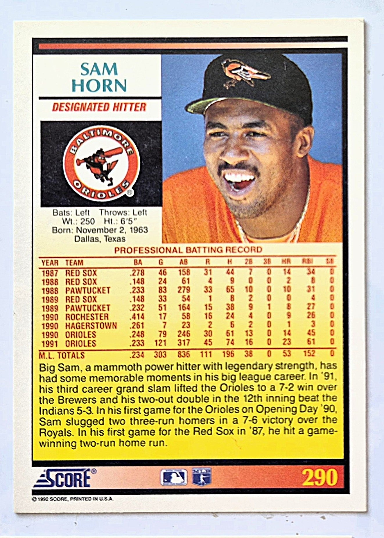 Horn Sam Designated Hitter Baltimore Orioles #290 Score '92 Baseball Card