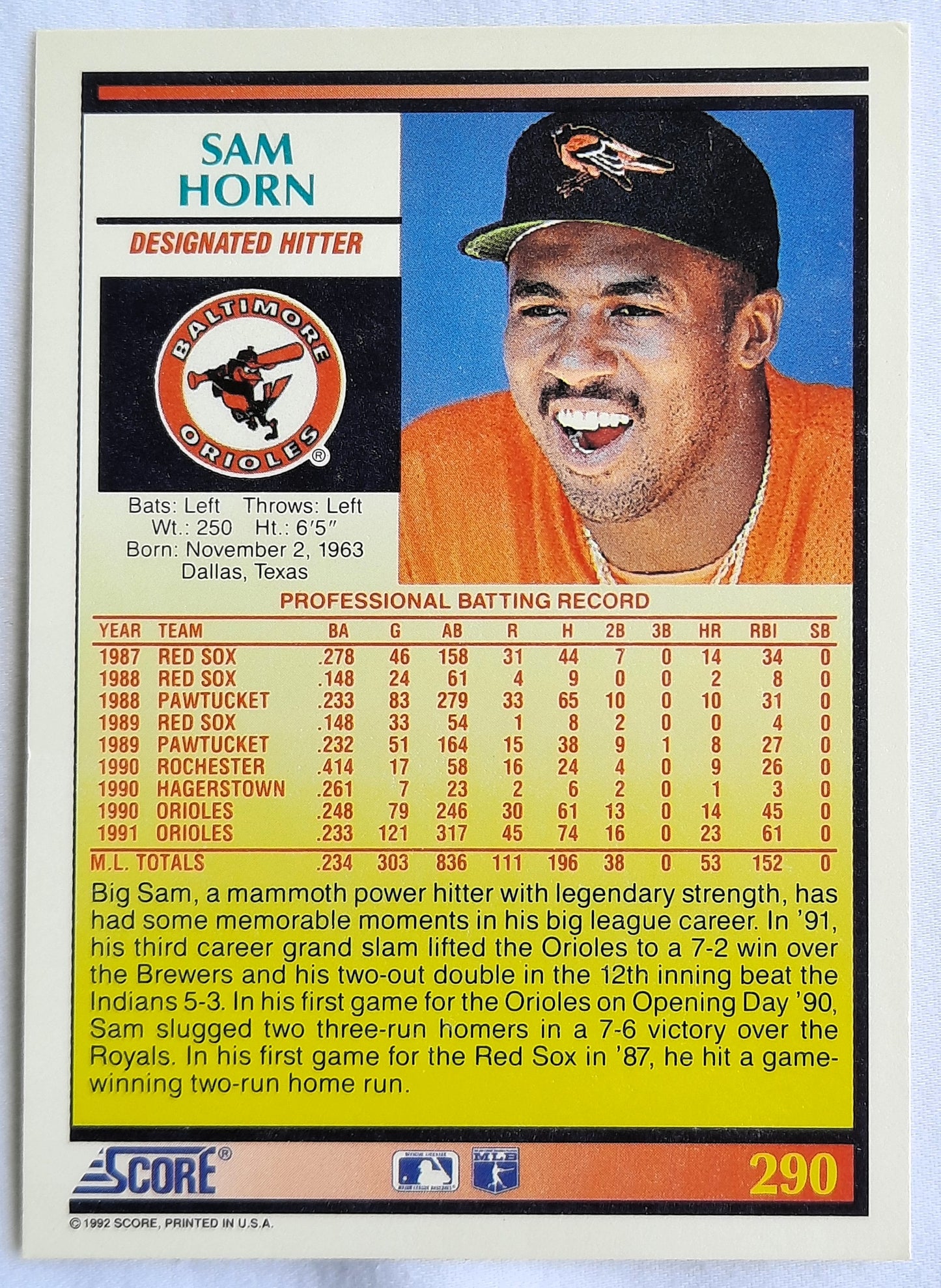 Score '92 Sam Horn Designated Hitter Baltimore Orioles #290 Baseball Card Near Mint