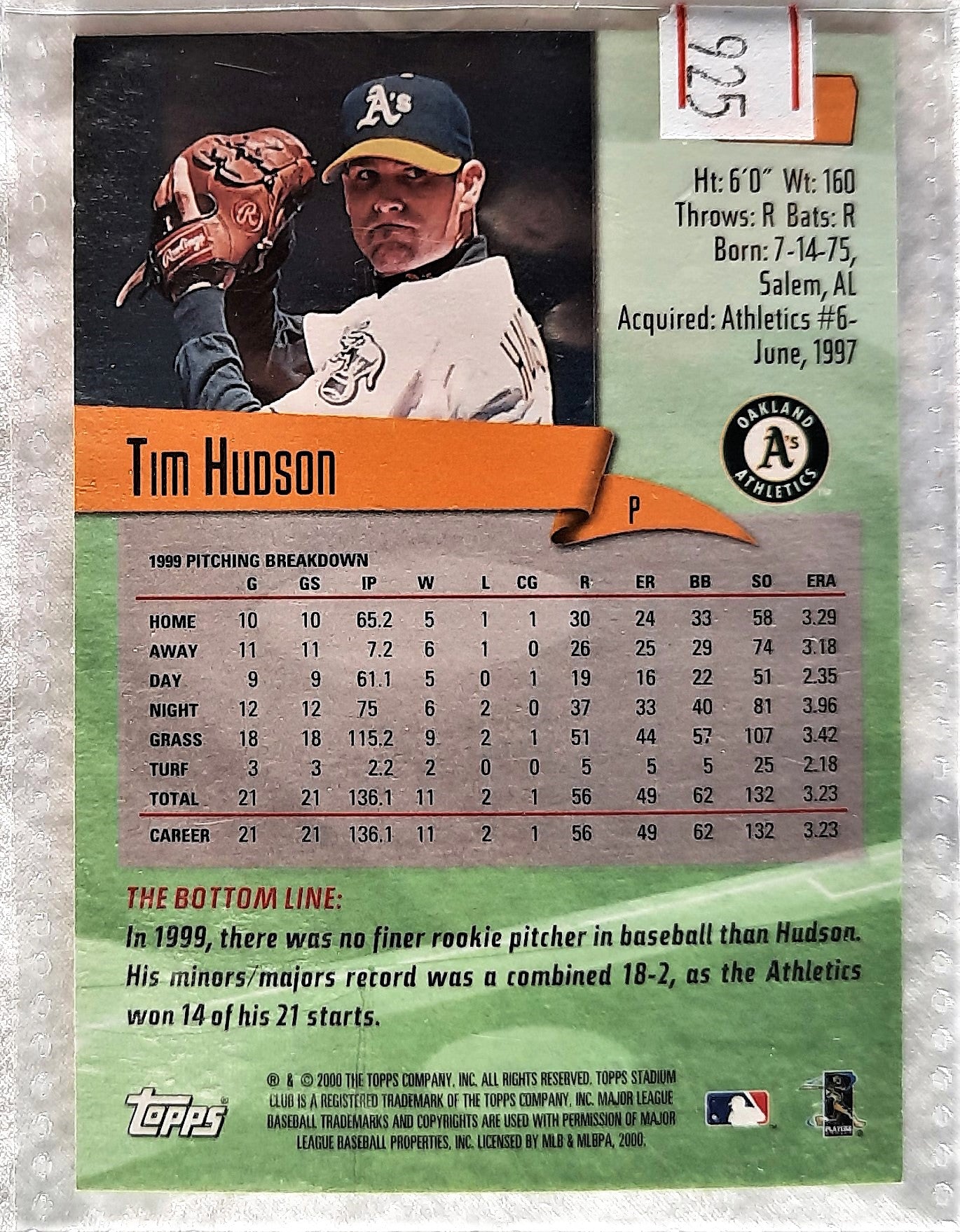 TOPPS 2000 Stadium Club Tim Hudson Oakland Athletics 64 Baseball Card TOPPS