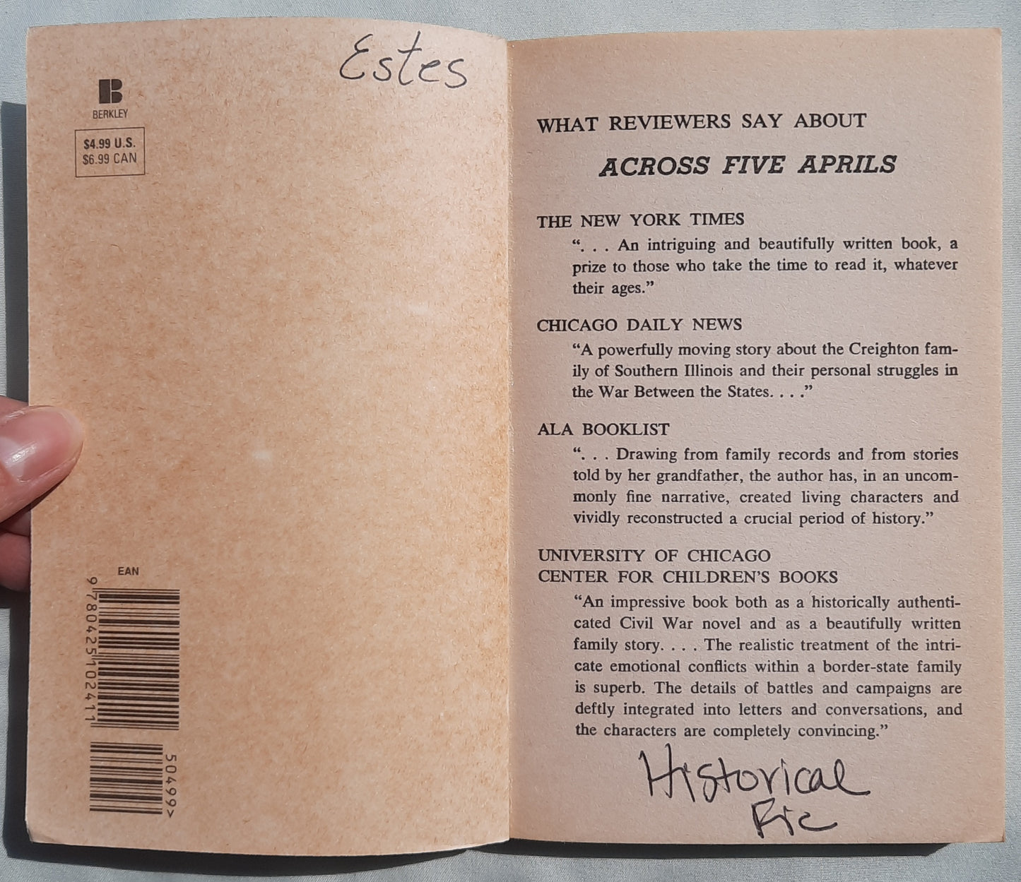 Across Five Aprils by Irene Hunt (Good, 1986, Pbk, 190 pages, Berkley Books)