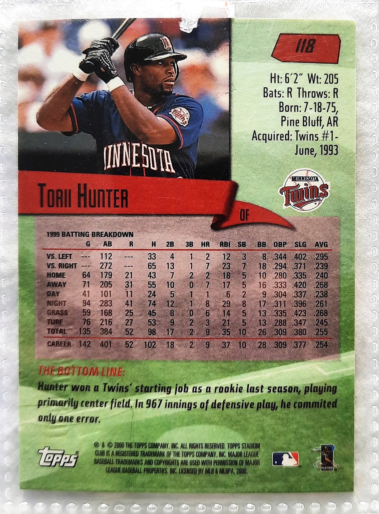 TOPPS 2000 Stadium Club Torii Hunter Minnesota Twins #118 Baseball Card TOPPS