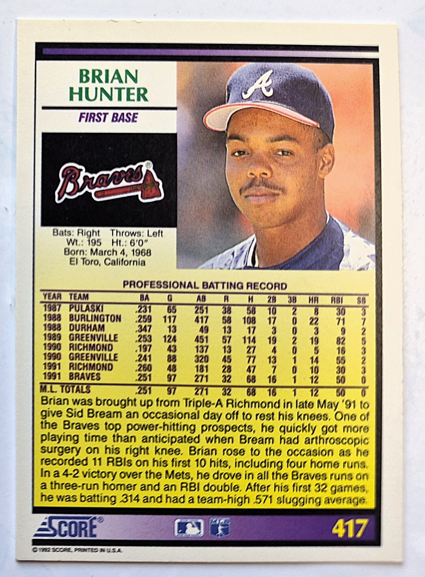 Hunter Brian Atlanta Braves First Base #41 Rookie Prospect Score '92 Baseball Card