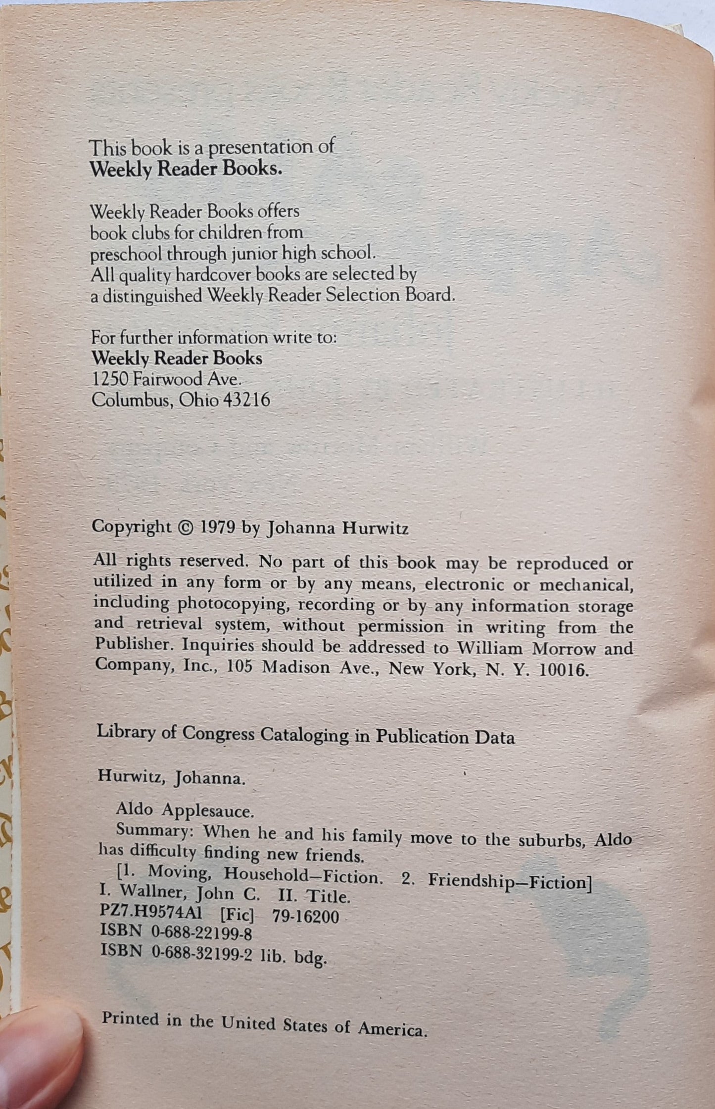 Aldo Applesauce by Johanna Hurwitz (Good, 1979, HC, Morrow Junior Books)