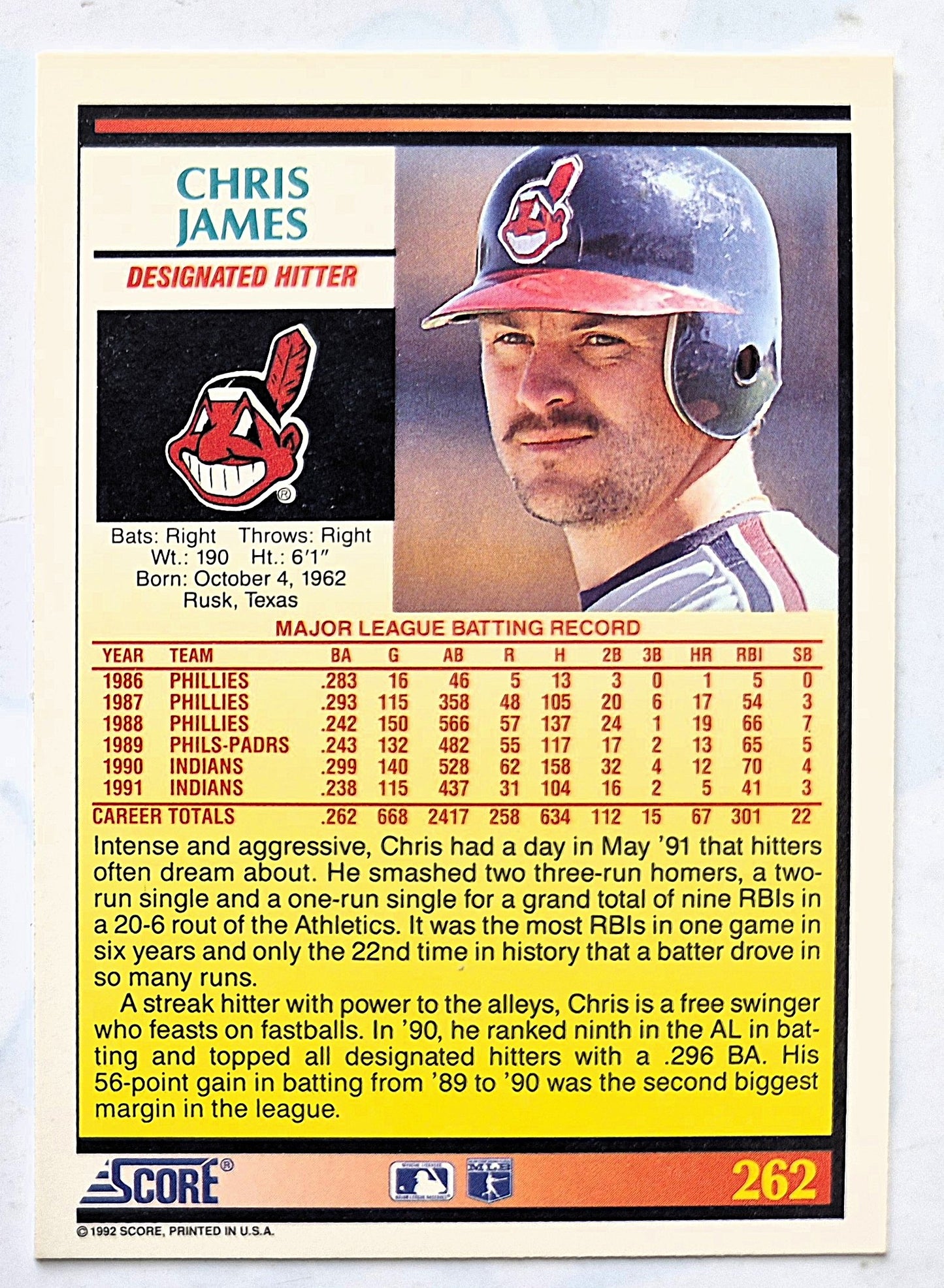 James Chris Cleveland Indians Designated Hitter #262 Score '92 Baseball Card