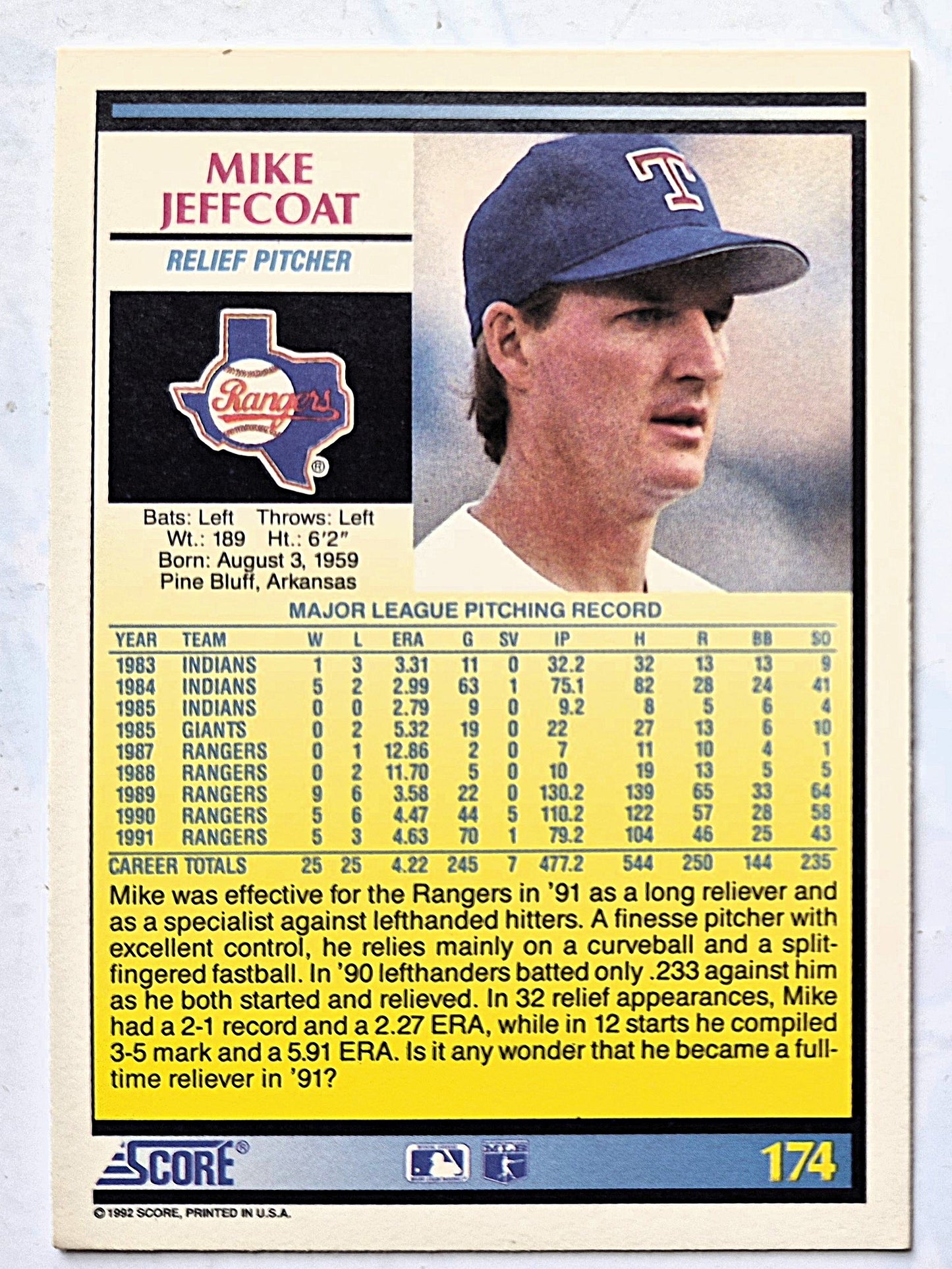Scott Bailes California Angels Relief Pitcher 1992 Score #331 Baseballkarte (Exzellent)