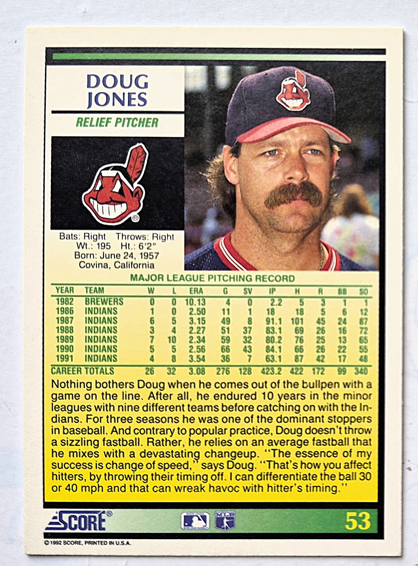 Jones Doug Cleveland Indians Relief Pitcher #53 Score '92 Baseball Card