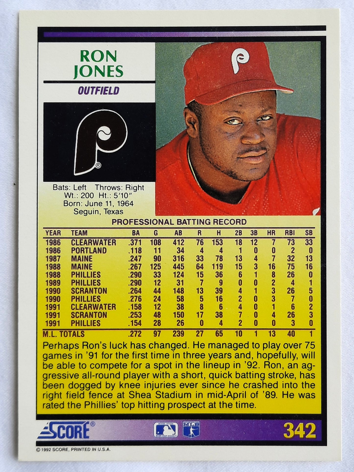 Score '92 Ron Jones Philadelphia Phillies Outfield #342 Baseball Card Near Mint