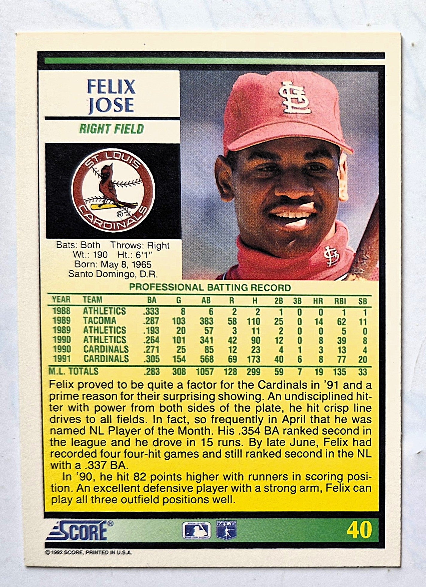 Jose Felix St. Louis Cardinals Right Field #40 Score '92 Baseball Card