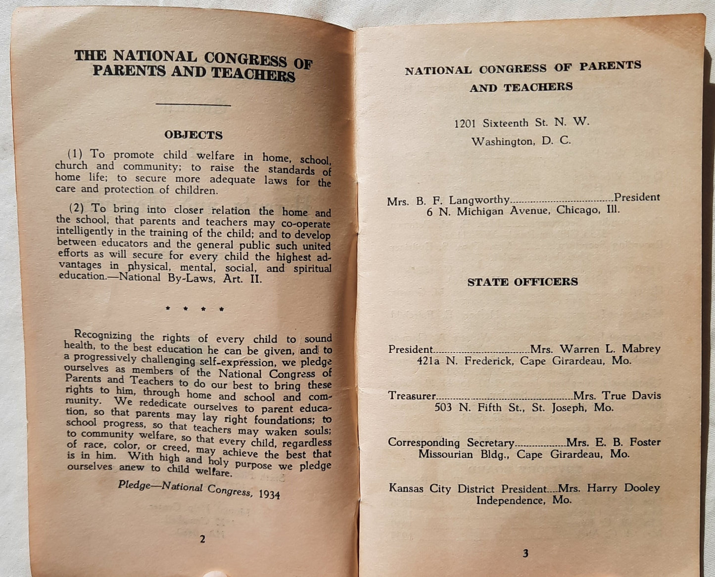 Kansas City Missouri Council of Parents and Teachers 1934-1935 (Good, Pbk, 36 pages)
