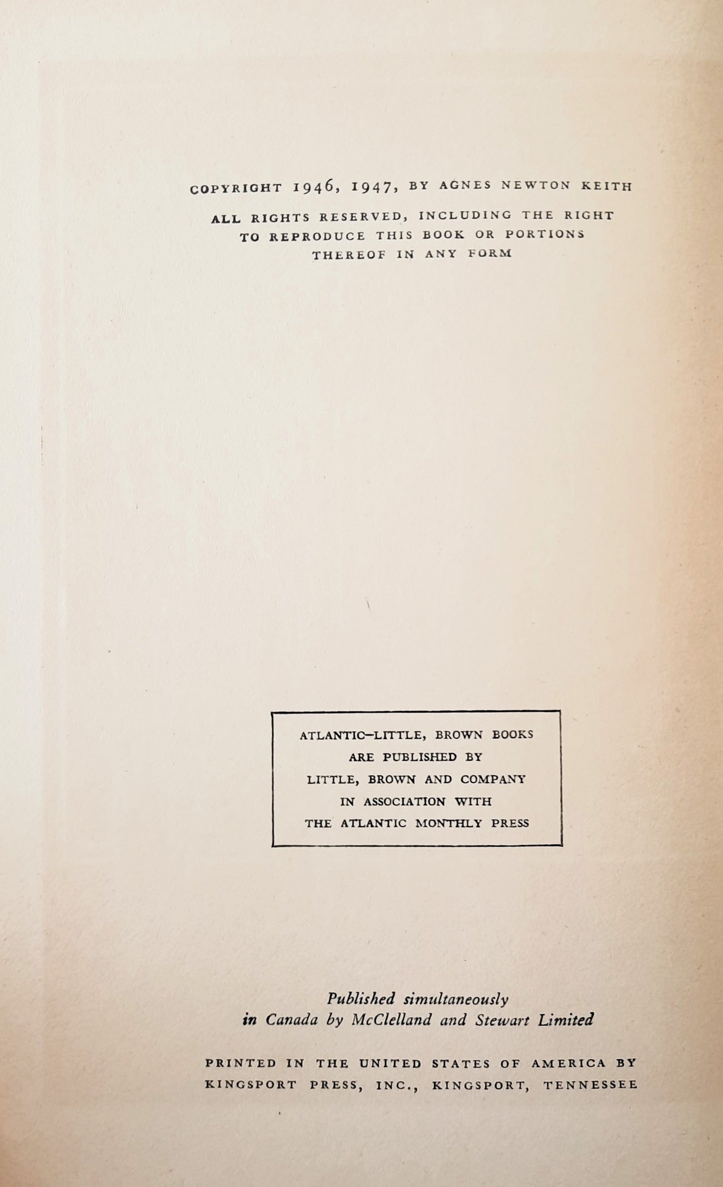 Three Came Home by Agnes Newton Keith (Good, 1947, HC, 317 pages, Little, Brown and Co.)