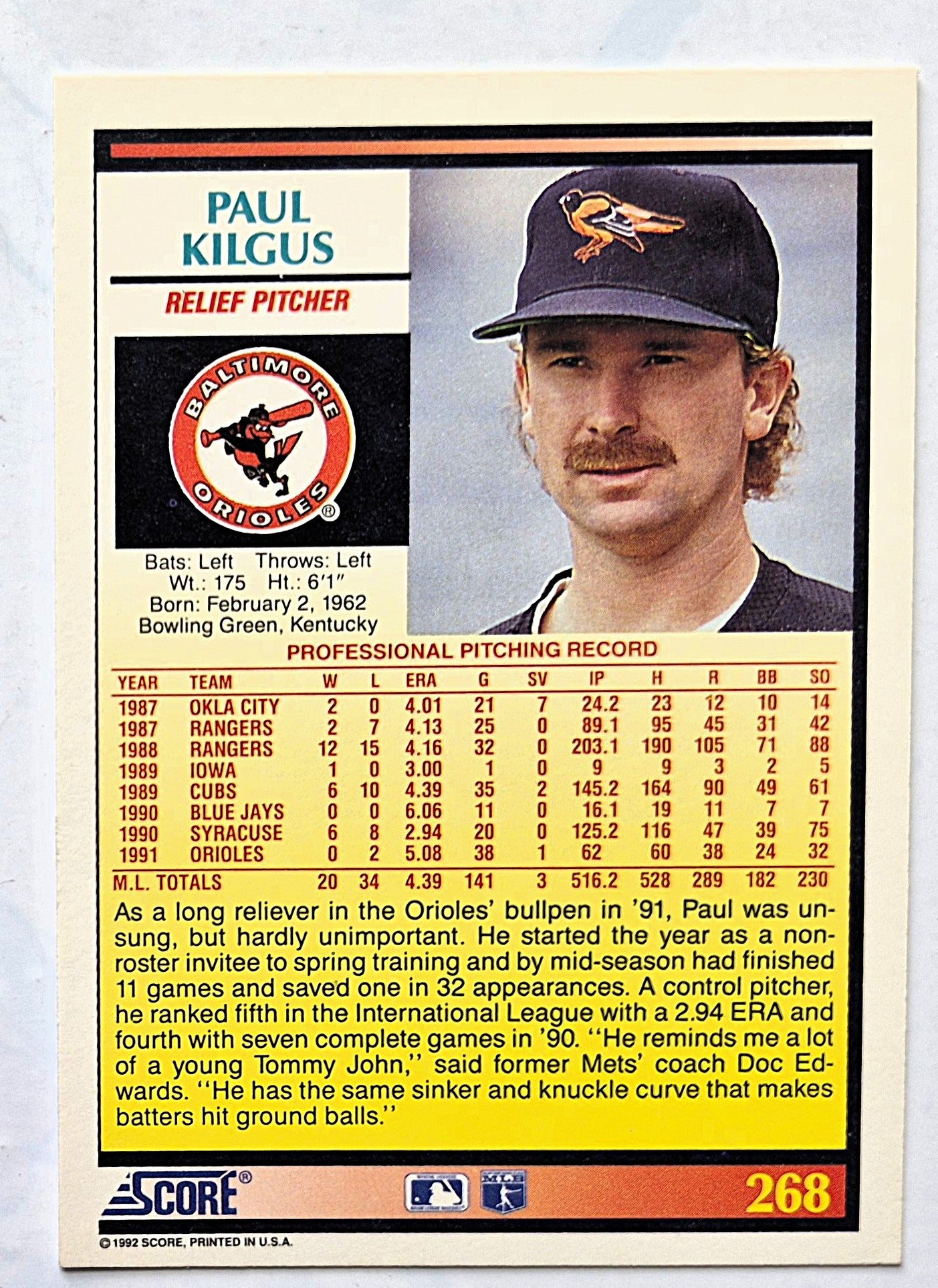 Scott Bailes California Angels Relief Pitcher 1992 Score #331 Baseballkarte (Exzellent)