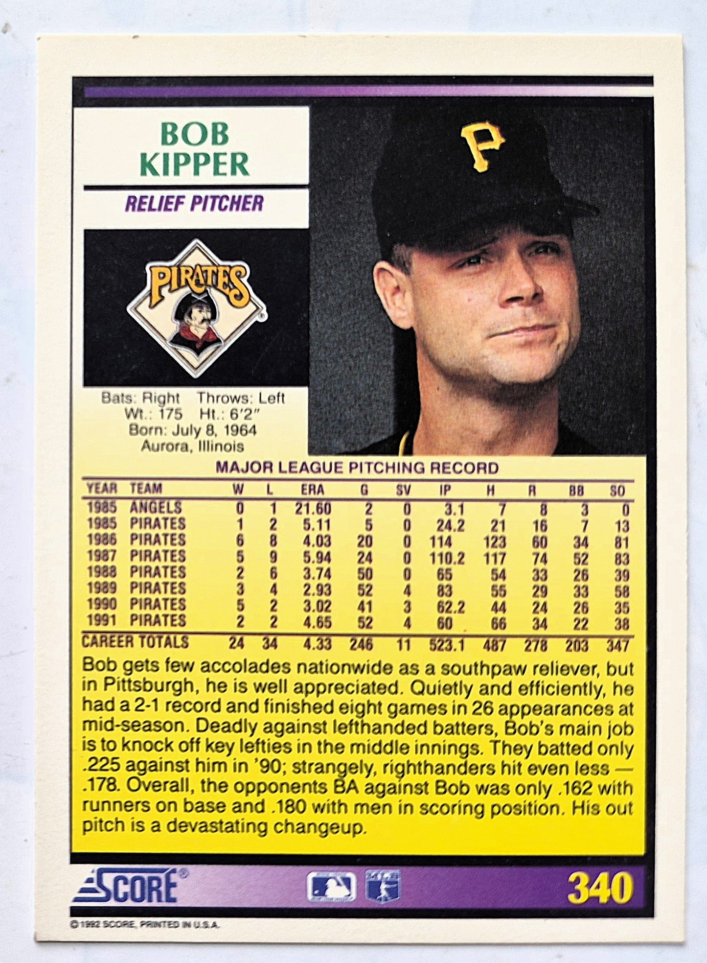 Kipper Bob Pittsburgh Pirates Relief Pitcher #340 Score '92 Baseball Card