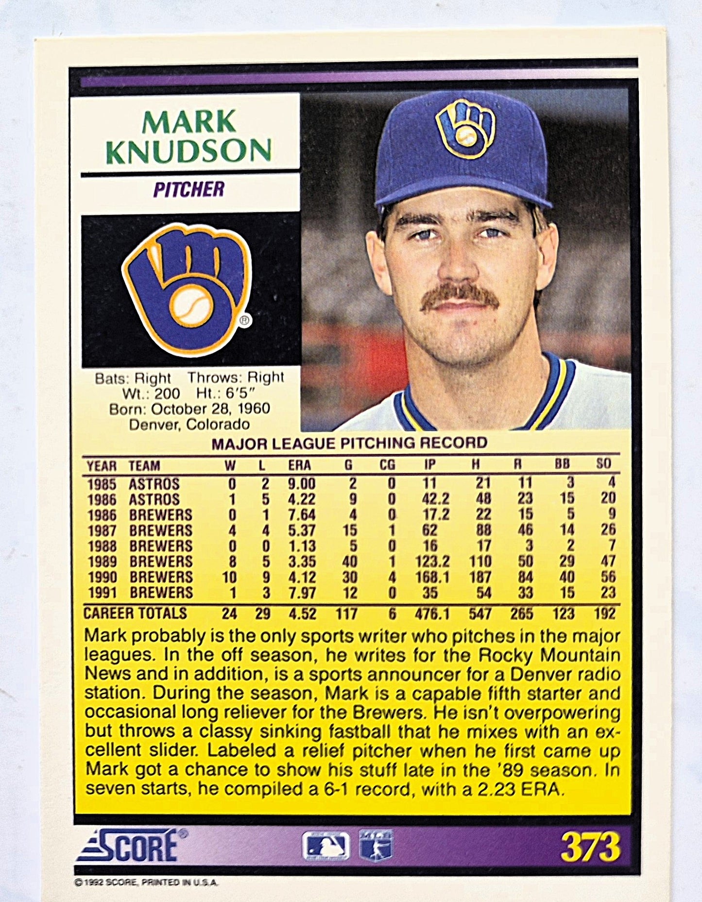 Scott Bailes California Angels Relief Pitcher 1992 Score #331 Baseballkarte (Exzellent)