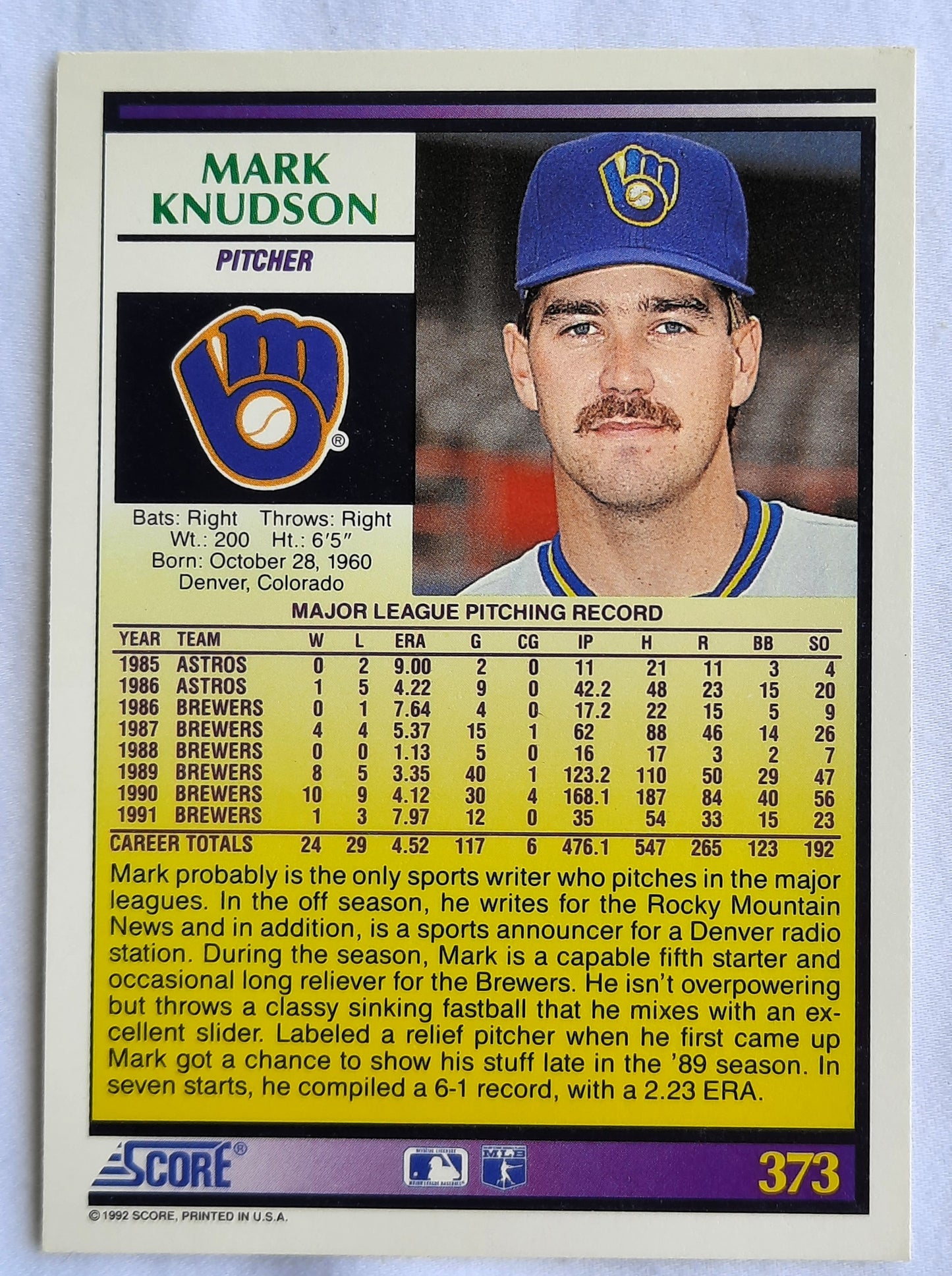 Score '92 Mark Knudson Pitcher Milwaukee Brewers #373 Baseball Card Near Mint