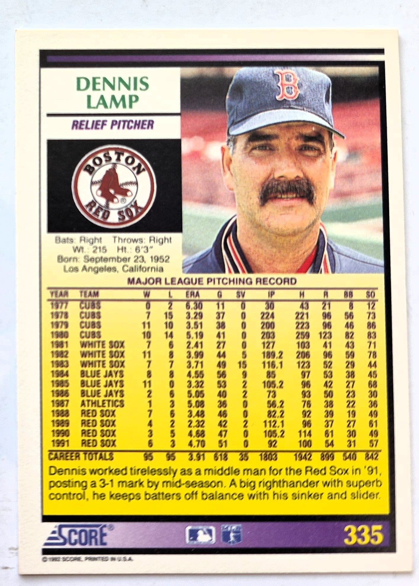Lamp Dennis Boston Red Sox Relief Pitcher #335 Score '92 Baseball Card