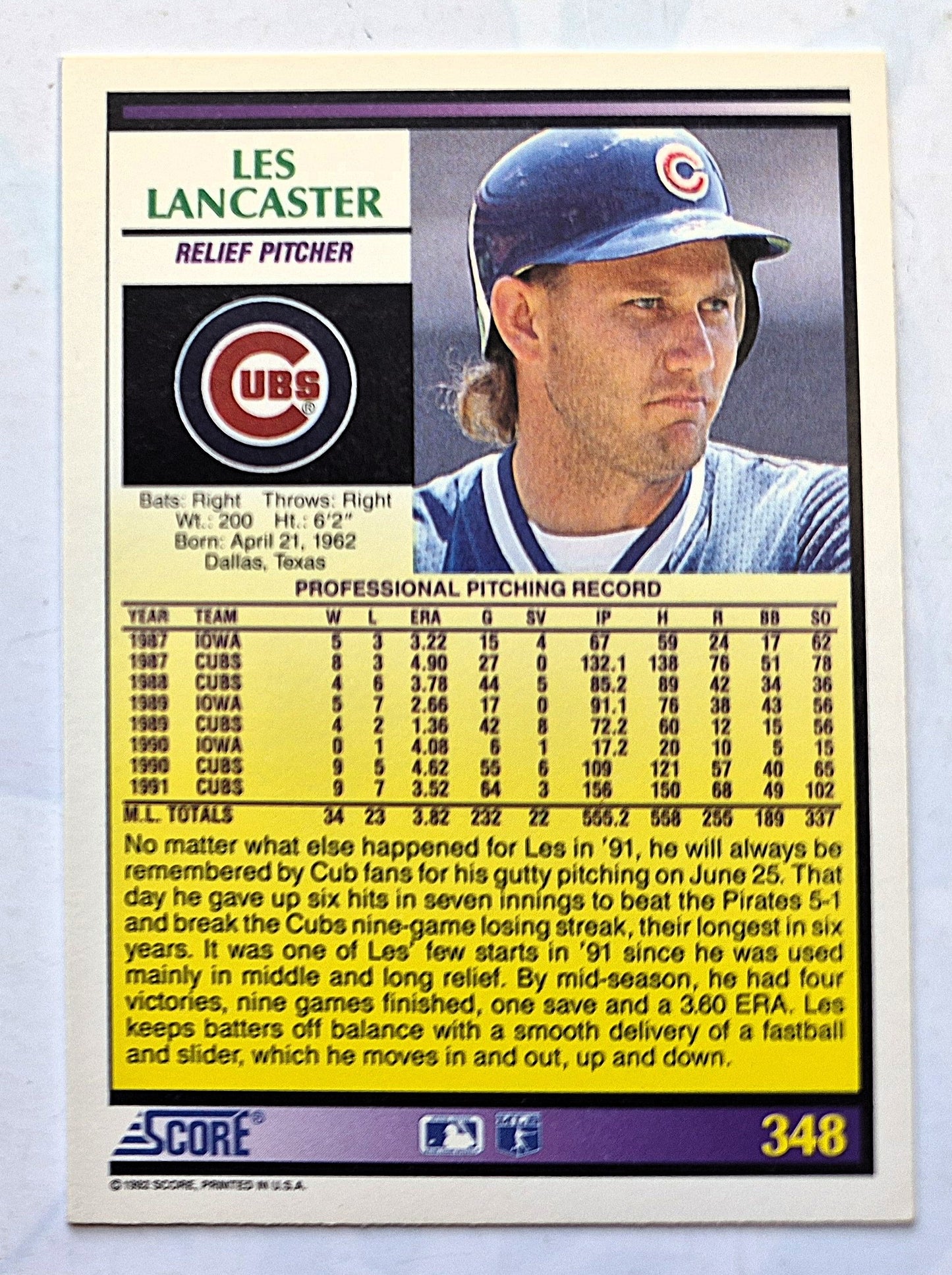 Bewertung '92 Les Lancaster Chicago Cubs Relief Pitcher #348 Baseballkarte Fast Neuwertig