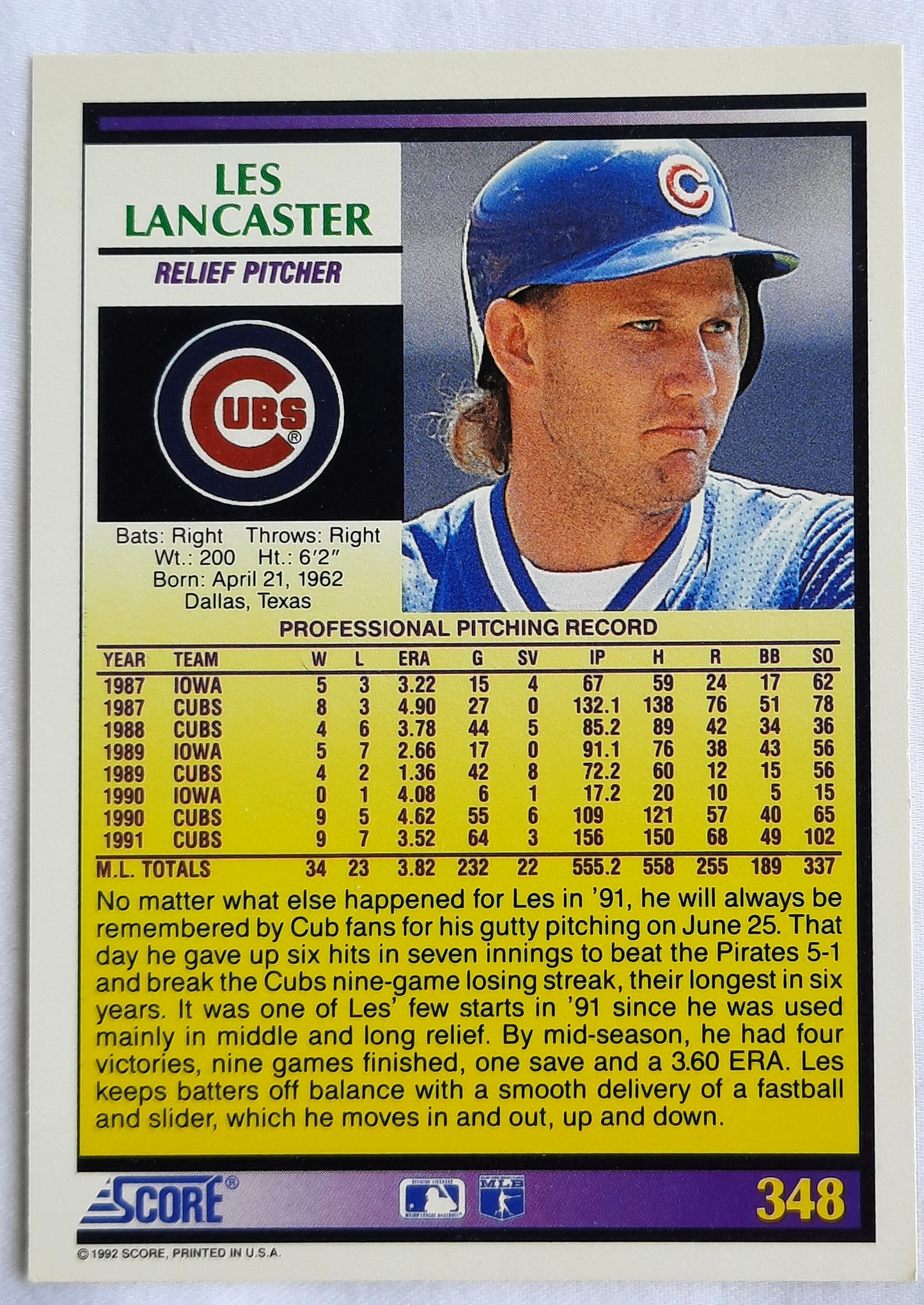 Score '92 Les Lancaster Chicago Cubs Relief Pitcher #348 Baseball Card Near Mint