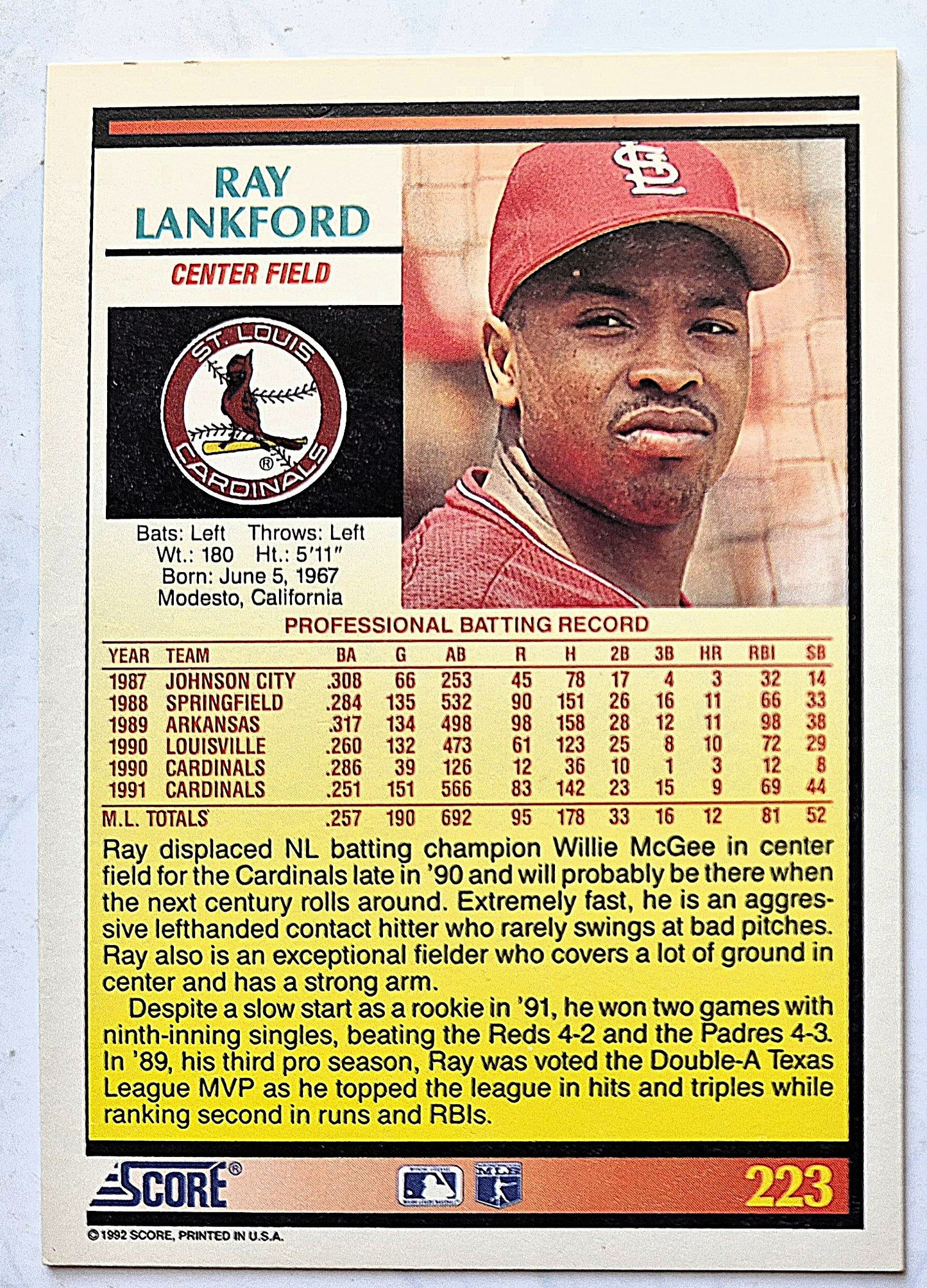 Lankford Ray St. Louis Cardinals Center Field #223 Score '92 Baseball Card