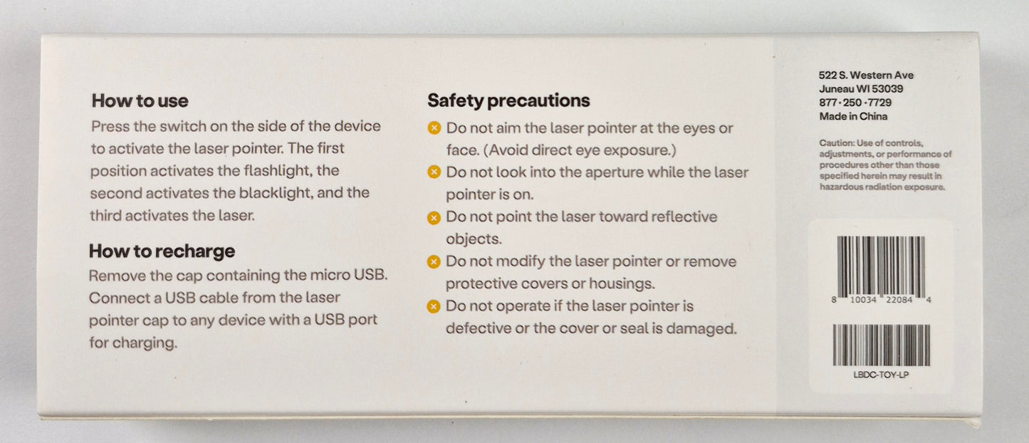 Whisker USB Rechargeable Laser Cat/Dog Pointer (Like new, LBDC-TOY-LP, Made in China)