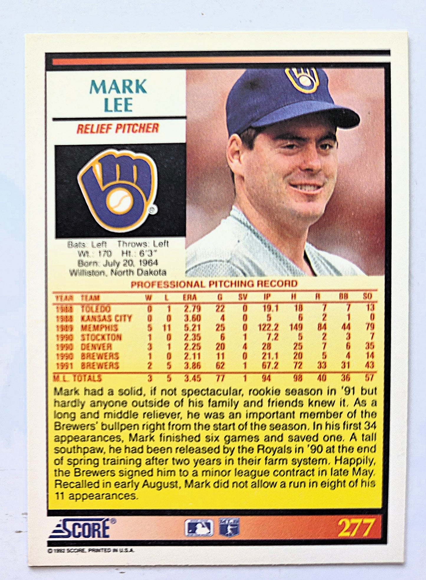 Lee Mark Milwaukee Brewers Relief Pitcher #277 Score '92 Baseball Card