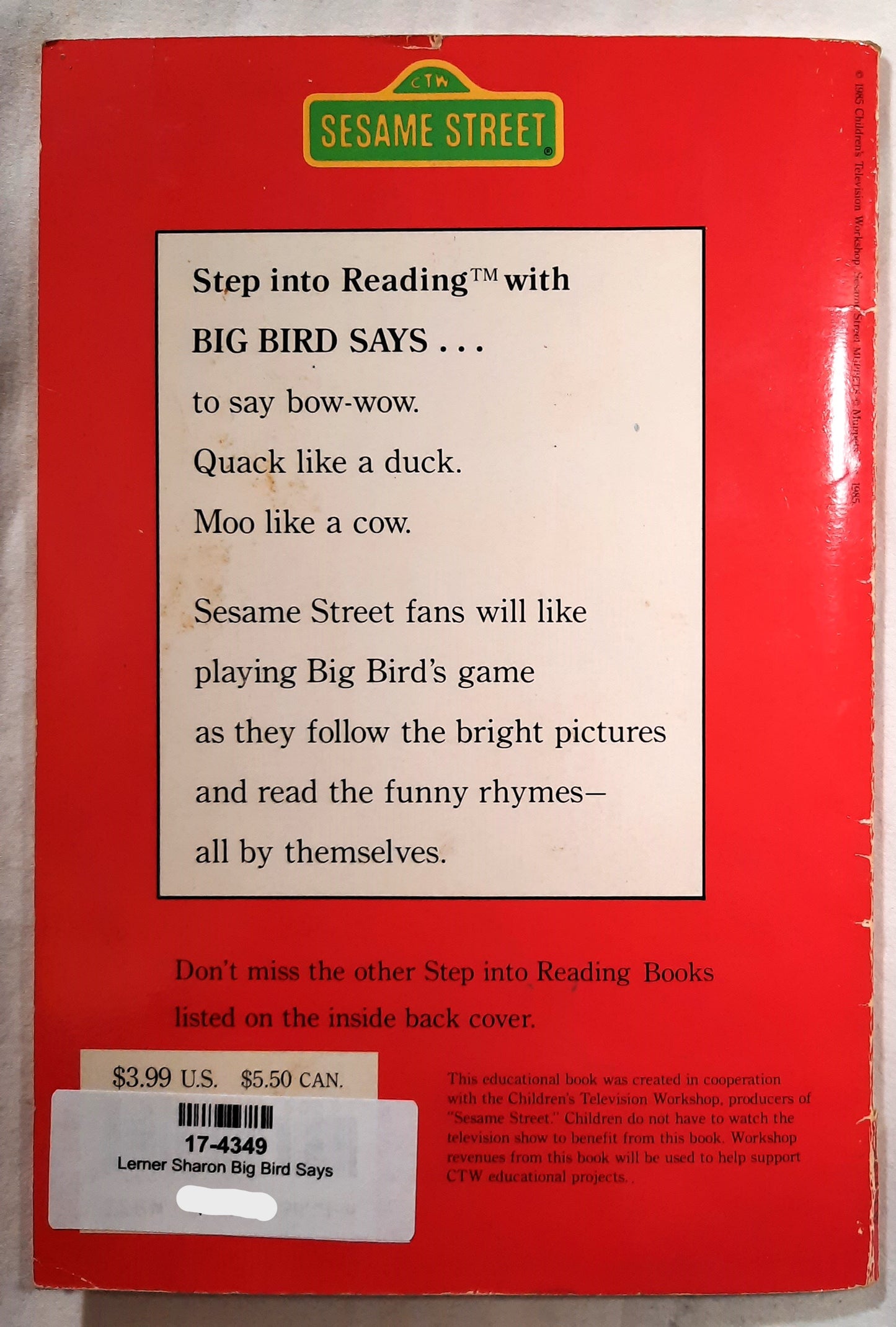 Big Bird Says...A Game to Read and Play by Sharon Lerner (Step Into Reading 1, Good, 1985, Pbk, 32 pages, Random House)