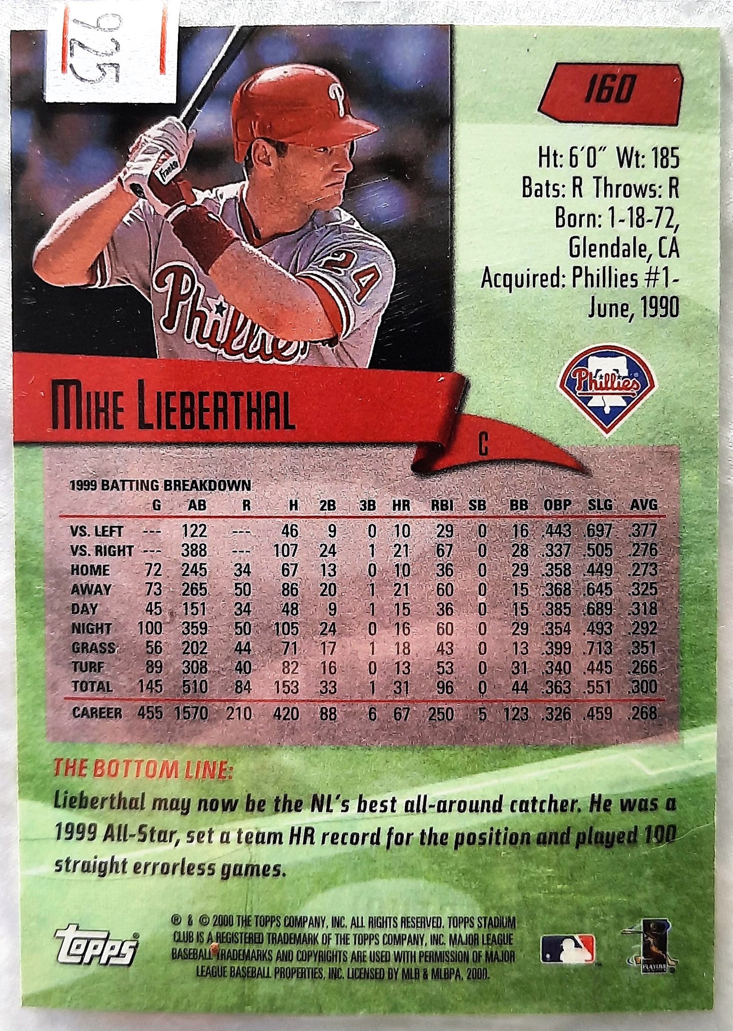 TOPPS 2000 Stadium Club Mike Lieberthal Philadelphia Phillies #160 Baseball Card TOPPS