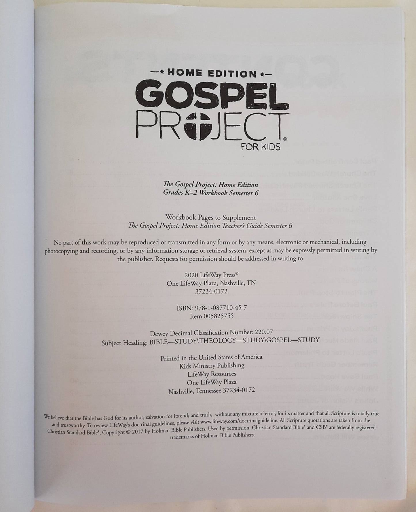 Gospel Project for Kids Home Edition 6 by LifeWay (Grades K-2 Workbook, New, 2020, Pbk, 64 pages)